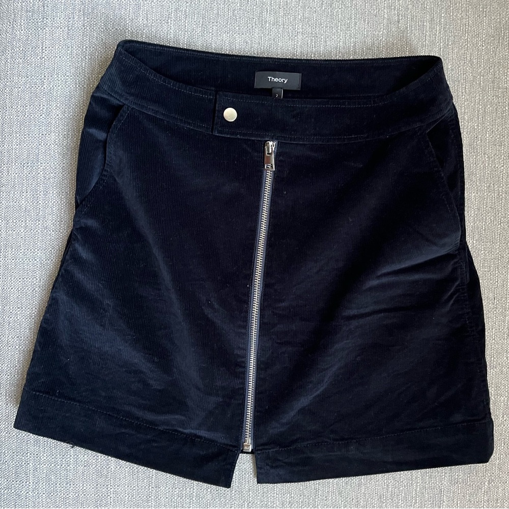 Theory Navy Corduroy Zip Front Skirt
